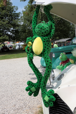Long stuffed Frog hanging from the open hood of a hot rod