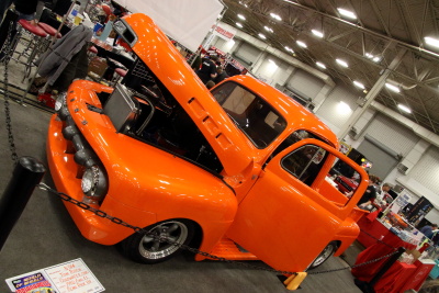 Front 3/4 shot drivers side Tom Risch's Orange 1952 Ford F1
