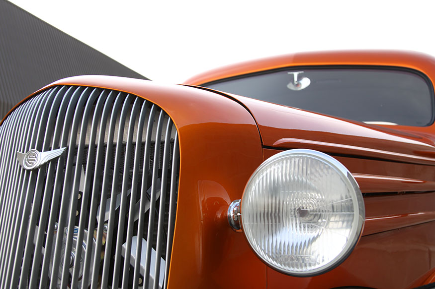 Renee Cravens grille of her 36 Chevy Coupe